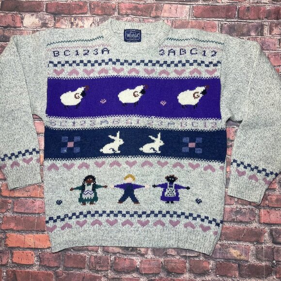 Vintage Womens Farm Cottage Core Sweater Wool Blend Rabbits Sheep 90s - Picture 1 of 8